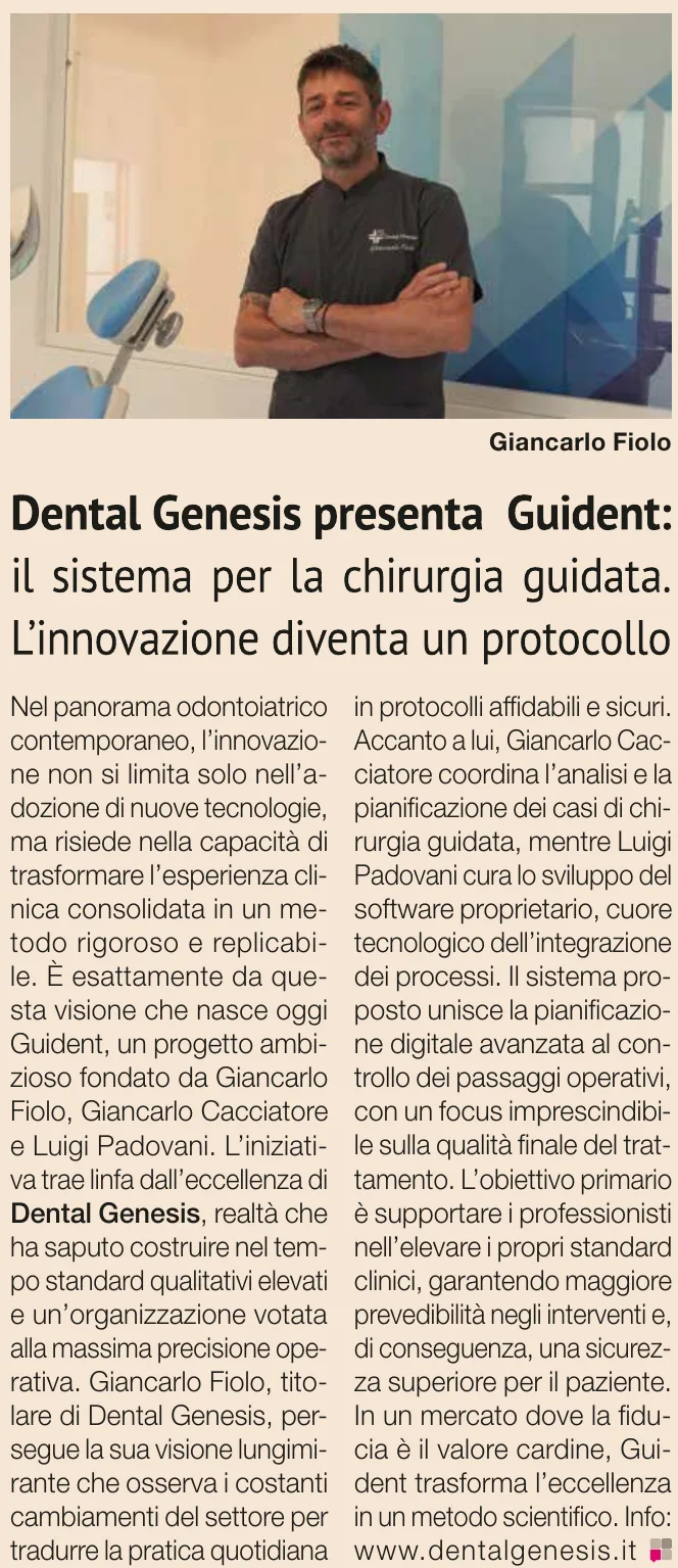 Ritaglio de Il Sole 24 Ore del 9 settembre 2026: Dental Genesis presenta Guident, il sistema per la chirurgia guidata