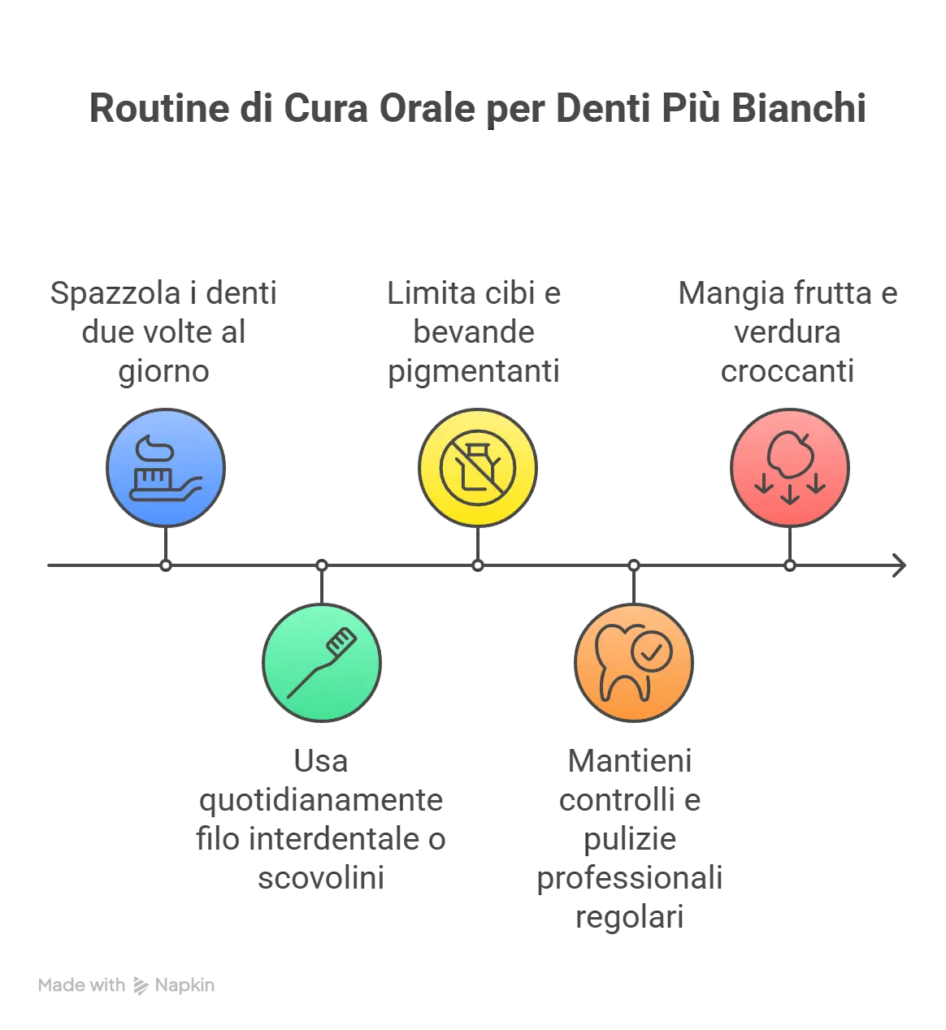 Infografica con routine di cura orale estiva: spazzolamento, filo interdentale, limitazione bevande pigmentanti, controlli professionali e frutta croccante